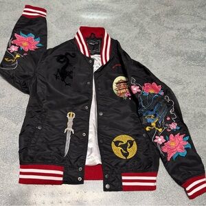 Embroidered Black Bomber Jacket with Floral and Dragon Design